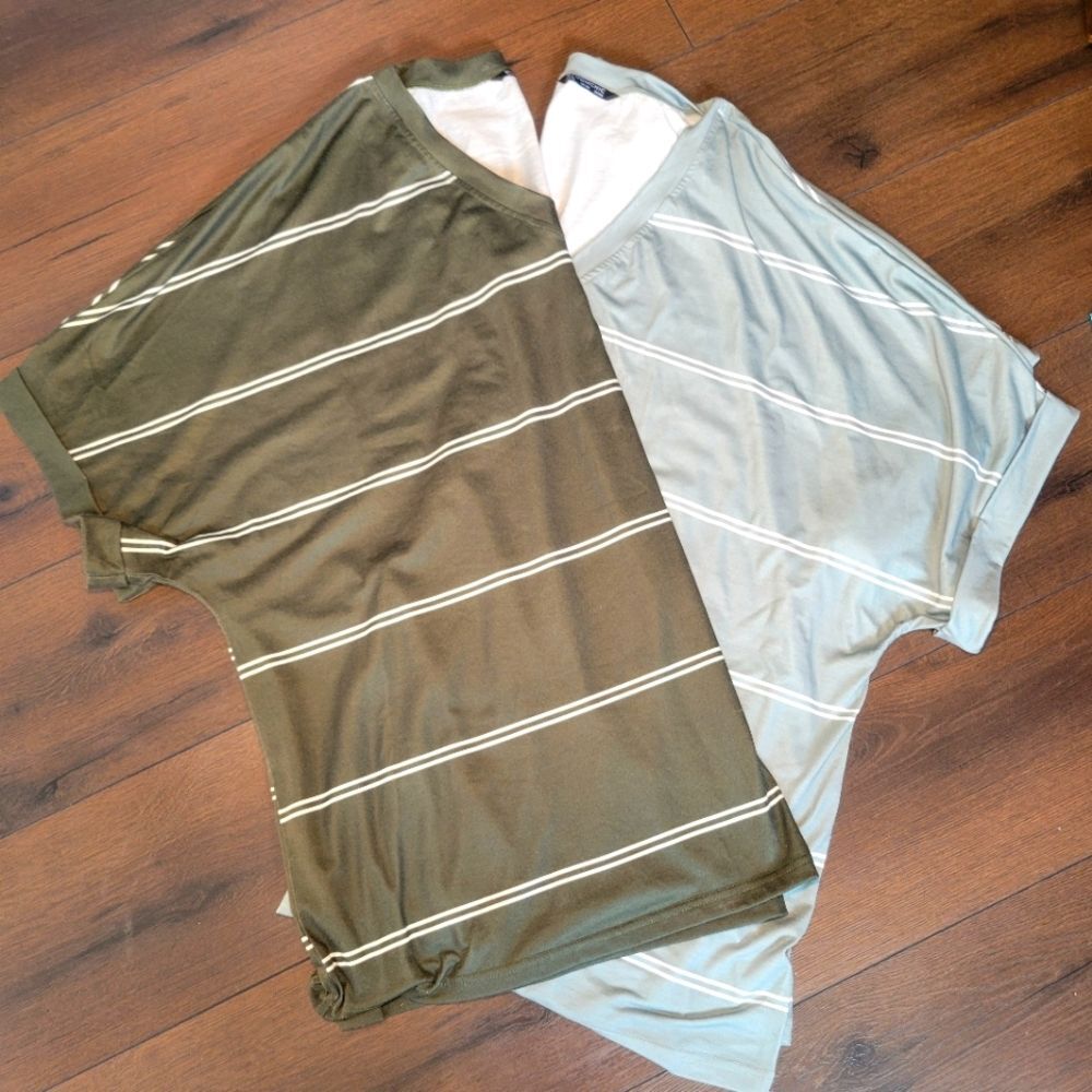 BloomChic Striped Cuffed Short sleeve T-shirt Bundle V-neck Plus Size 26W Green
